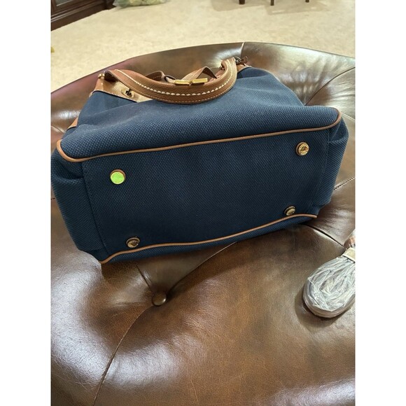 MICHAEL KORS MARINA HANDBAG LARGE NAVY BLUE BROWN CANVAS BROWN TRIM NWT - Picture 7 of 9